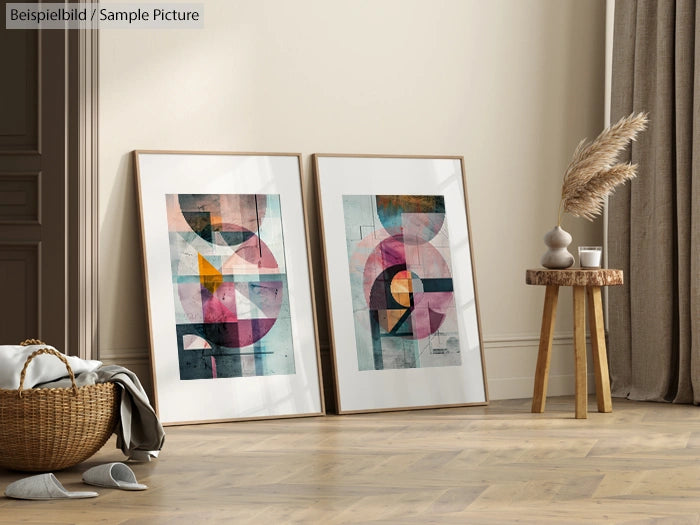 Modern interior with two framed abstract paintings, wooden stool, and wicker basket on a light wood floor.