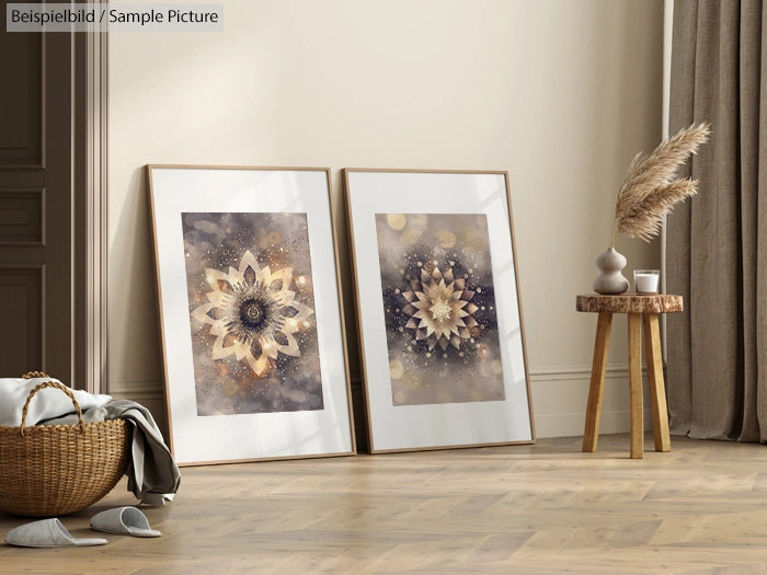 Two framed abstract art pieces with geometric patterns on a floor, next to a stool with a vase and pampas grass.