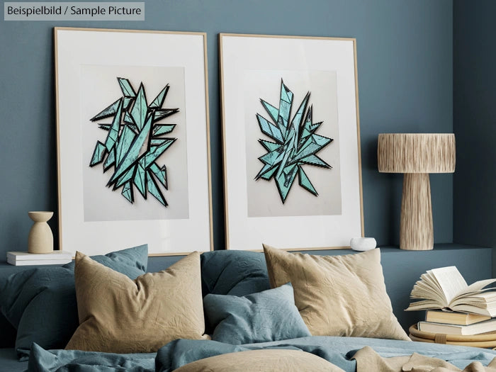 Modern living room with blue tone decor, abstract geometric wall art, and neutral pillows on a gray couch.