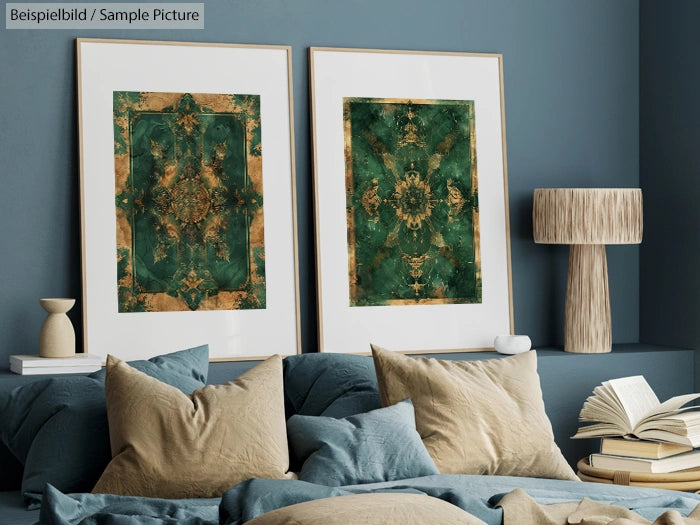 Two framed artworks with green and gold designs on a teal wall above a cozy bed with pillows and books.