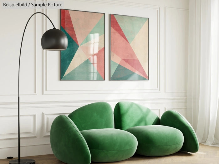 Modern living room with green sofa, abstract geometric art, and a black floor lamp.