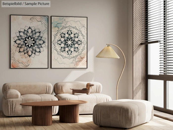 Modern living room with light sofas, wood coffee table, floor lamp, and mandala art on the wall.