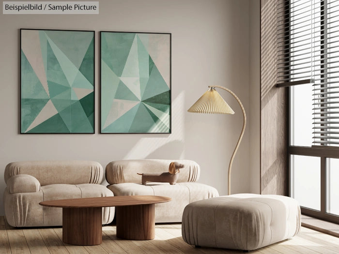 Modern living room with abstract green paintings, beige sofa, armchair, wooden coffee table, and a floor lamp.