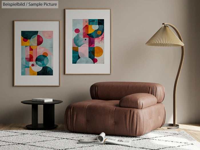 Modern living room with abstract art, brown armchair, round black table, and a floor lamp on a patterned rug.