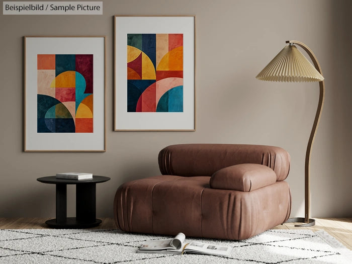 Modern room with a brown chair, abstract paintings, and a floor lamp on a textured rug.