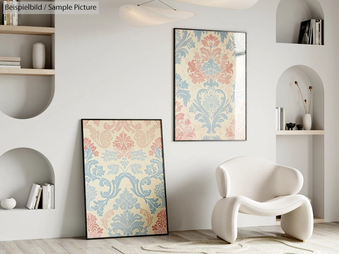 Modern living room with cream chair, two large ornate floral prints in pastel colors on white walls and shelves.