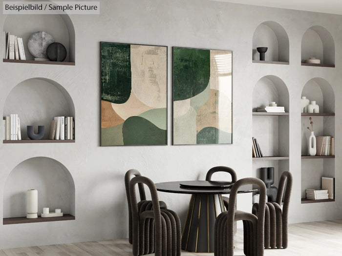 Modern dining room with abstract green and beige paintings, curved chairs, and minimalist decor on arched shelves.