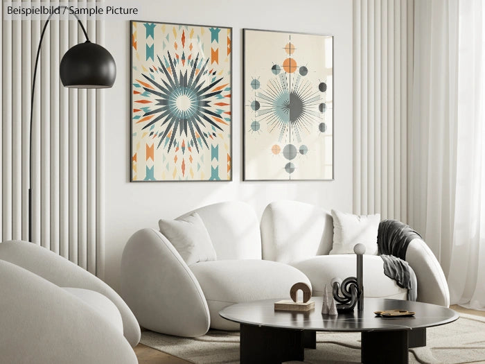 Modern living room with abstract geometric wall art, white sofa, round coffee table, and a black floor lamp.