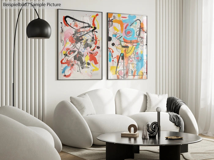 Modern living room with abstract paintings, white sofas, round coffee table, and stylish decor.