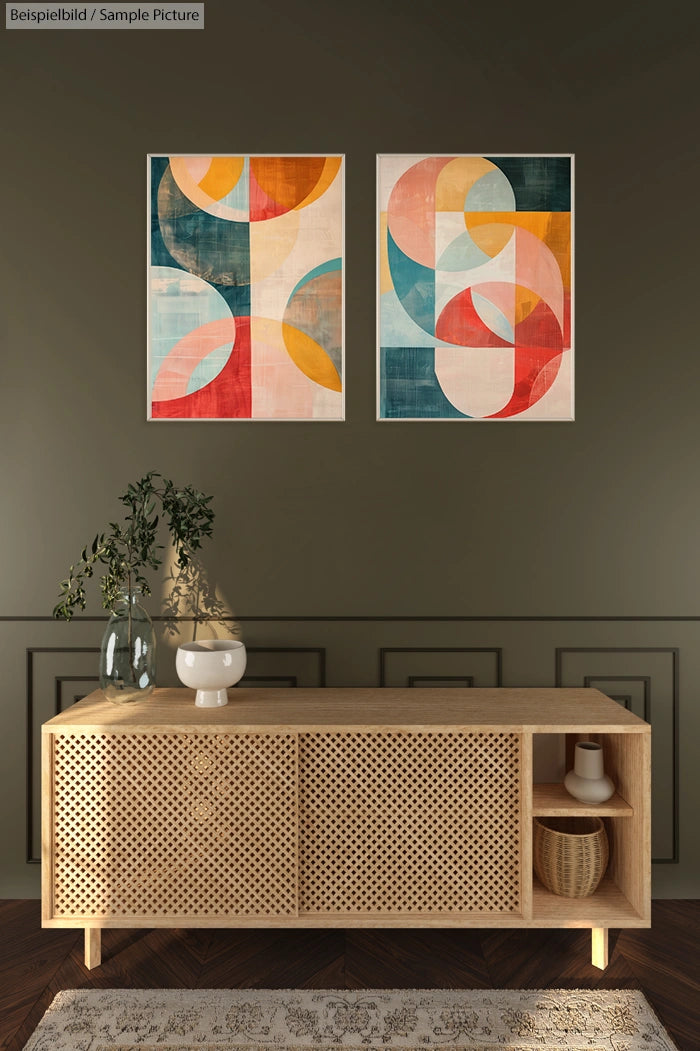 Modern living room with patterned wood cabinet and abstract geometric art prints on the wall.