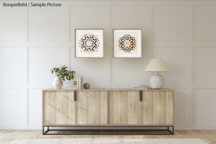 Modern living room with light wood sideboard, two abstract art pieces, a lamp, and decorative plants.