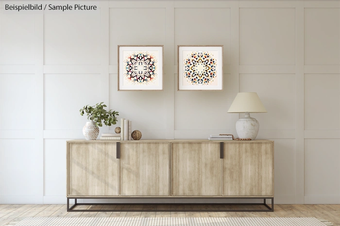 Modern living room with a wooden sideboard, decorative plants, and two abstract art frames on the wall.