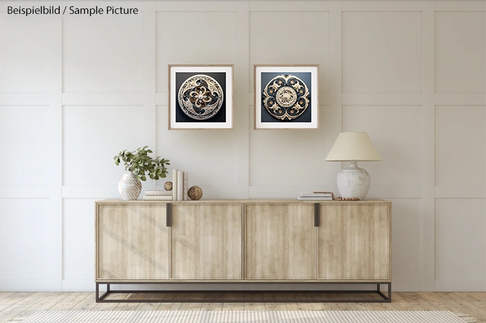 Minimalist room with light wooden sideboard, framed art, green vase, and white lamp.