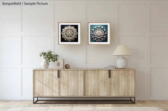 Modern living room with a light wood sideboard, two decorative wall art pieces, and a lamp with ceramic vase and plant.