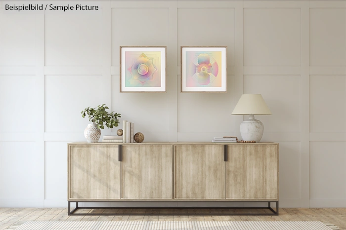 Minimalist living room with wooden sideboard, abstract art, lamp, vase, and plants against a paneled wall.