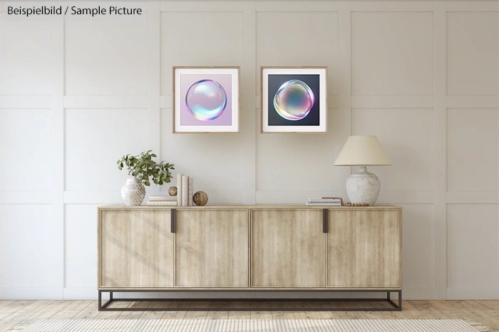 Modern living room with light wood sideboard and abstract bubble art on paneled wall.