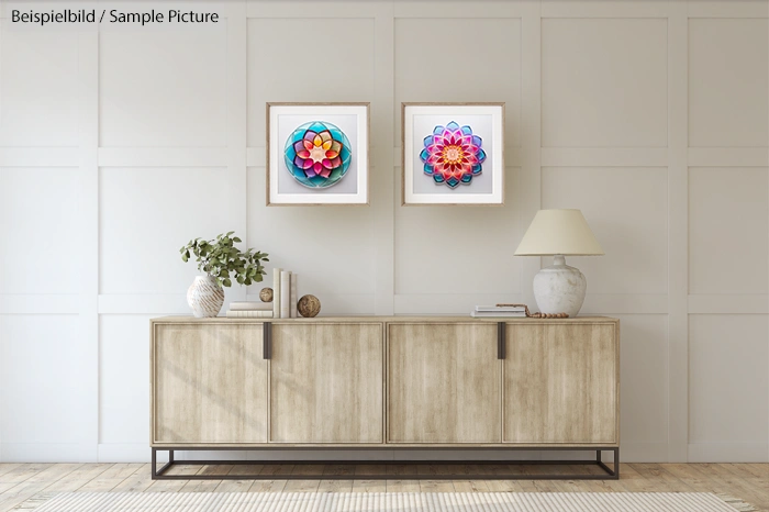 Modern living room with wood sideboard, abstract floral art, plants, and a lamp.