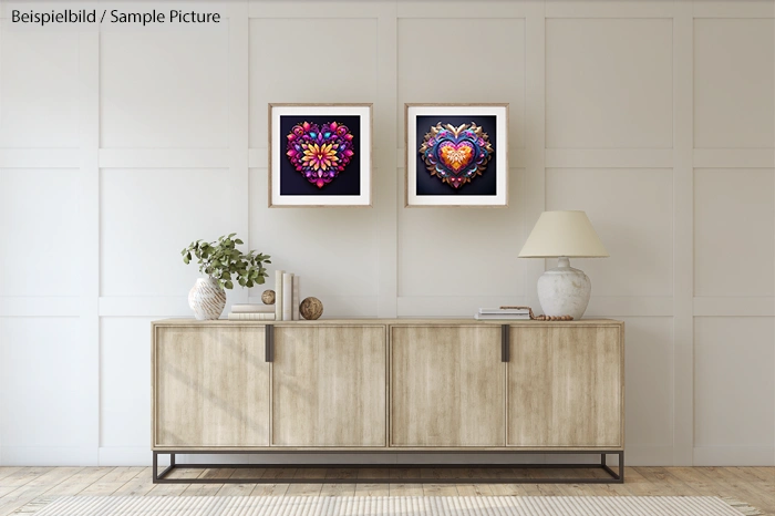 Contemporary living room with wooden sideboard, two colorful heart artworks, lamp, and decor on a paneled wall.