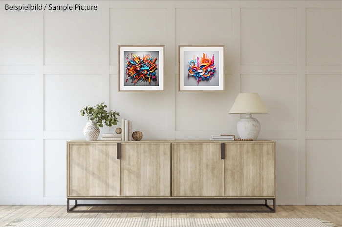 Modern living room with wooden sideboard, white-paneled walls, abstract art, and decorative items on the cabinet.