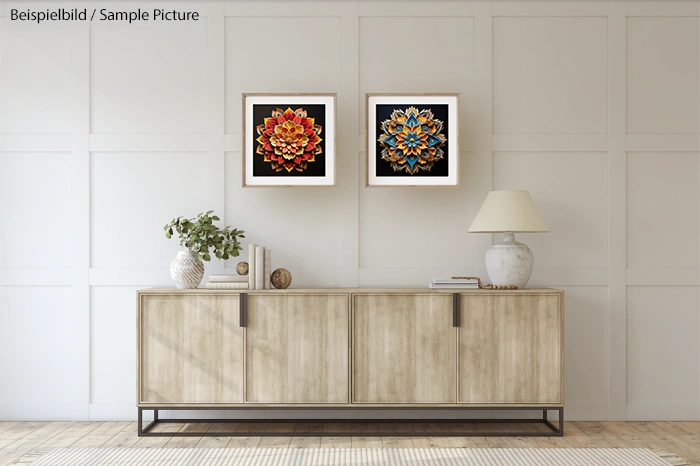 Modern living room with wooden sideboard, two floral artworks, table lamp, and decorative vase on wall paneling.