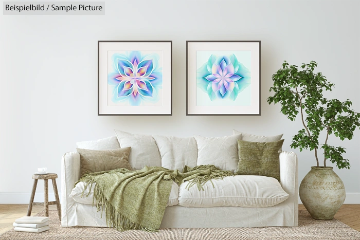 Living room with white sofa, green cushions, art prints, and leafy plant on wooden floor.