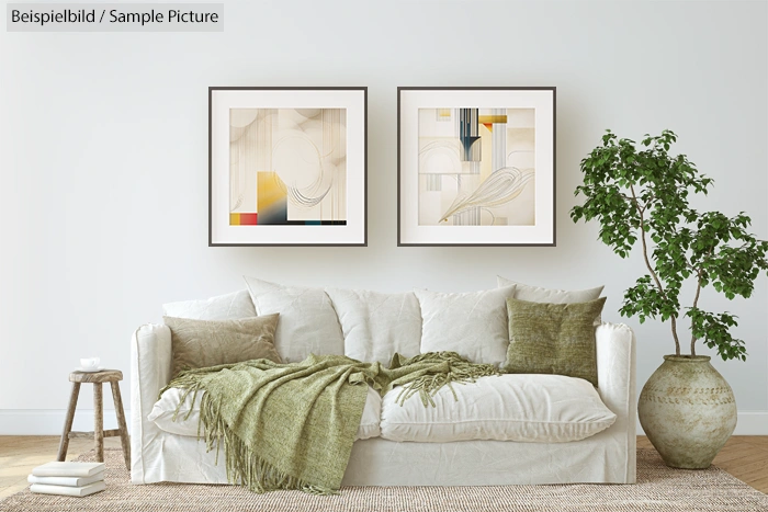 Minimalist living room with white sofa, green pillows, abstract art, leafy plant, and wooden decor accents.