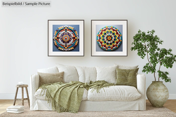 Modern living room with white sofa, green pillows, and two colorful mandala art pieces on the wall.