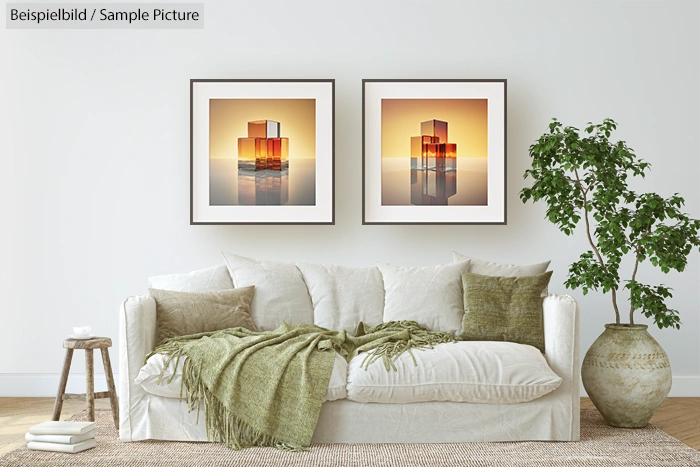 Cozy living room with white sofa, green pillows, throw, two abstract art pieces, and a potted plant on wooden floor.