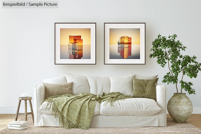 Cozy living room with white sofa, green pillows, blankets, and two framed wall artworks above against a white wall.