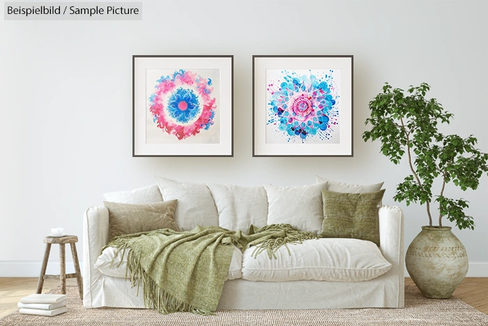 Living room with white sofa, green cushions, and two colorful abstract paintings on wall; plant to the right.