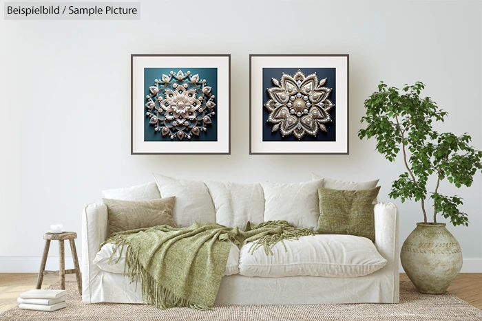 Elegant living room with white sofa, green cushions, potted plant, and two framed abstract artworks on the wall.