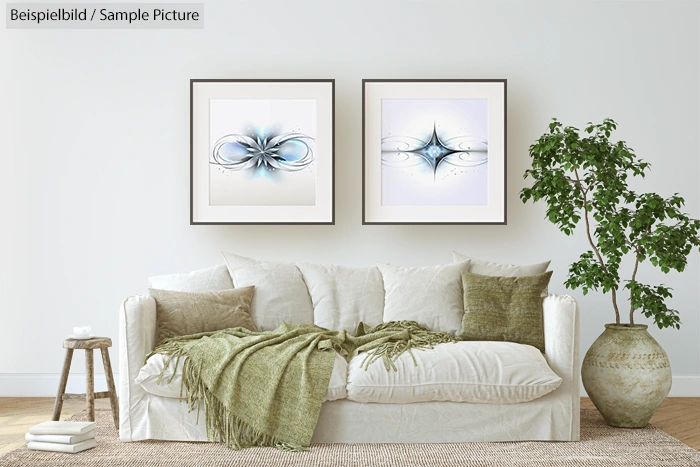 Modern living room with white sofa, green cushions, and abstract art on the wall.