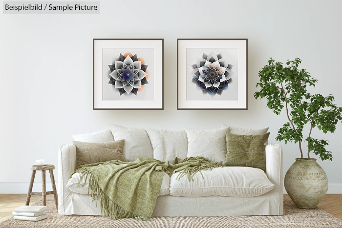 Living room with white sofa, green throw and cushions, two abstract flower artworks on wall, potted plant nearby.