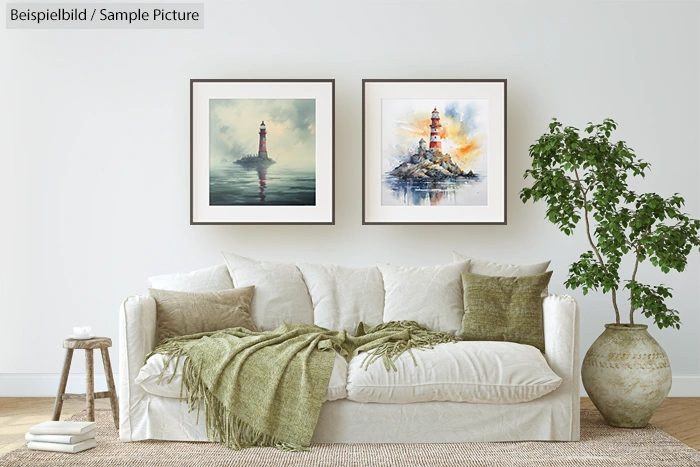 Living room with a white sofa, green cushions, plant, and lighthouse paintings on the wall.