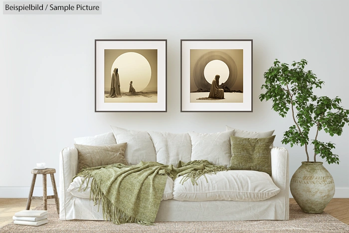 Modern living room with white sofa, green throw pillows, two sepia-toned framed artworks, and a potted plant.