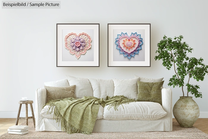 Cozy living room with white sofa, green cushions, and two framed heart artwork on the wall above.