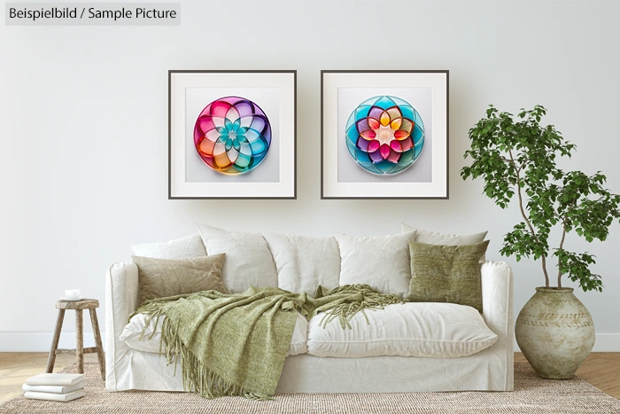 Cozy living room with a white sofa, green pillows, two colorful abstract art pieces on the wall, and a potted plant.