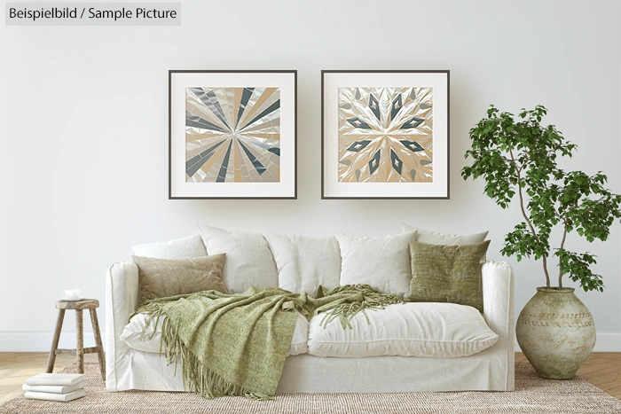 Modern living room with white couch, green pillows, two abstract paintings, and a potted plant.