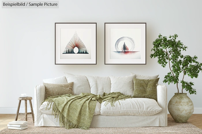 Cozy living room with white sofa, green cushions, two framed abstract paintings, and a potted plant.