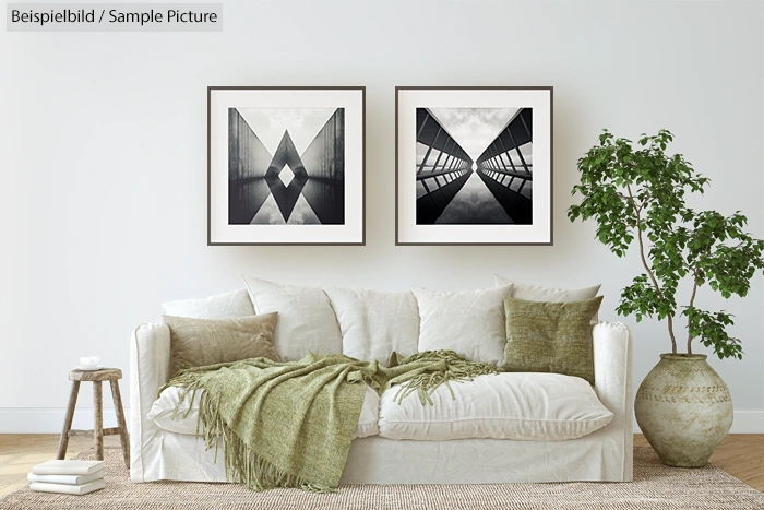 Modern living room with a white sofa, green pillows, framed black and white art, and a potted plant.