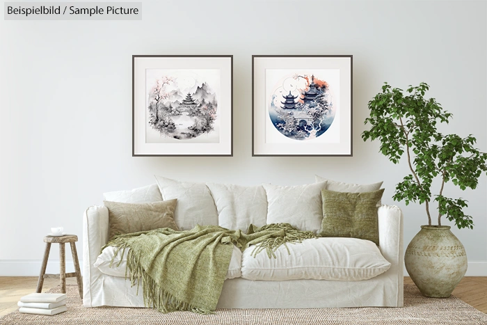 Minimalist living room with a white sofa, green cushions, and Asian-style landscape art on the wall.