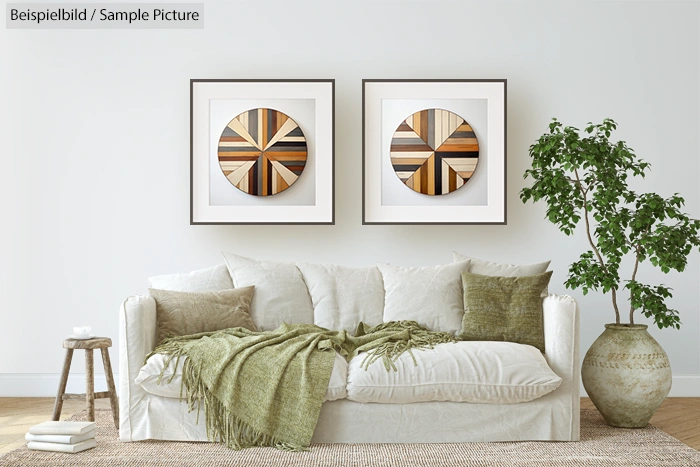 Cozy living room with white sofa, green pillows, wooden art, and potted plant.