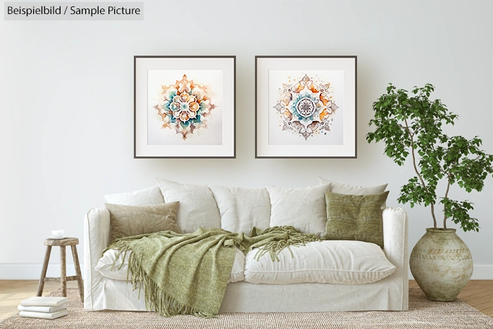 Modern living room with white sofa, green cushions, large houseplant, and two geometric artwork frames on the wall.