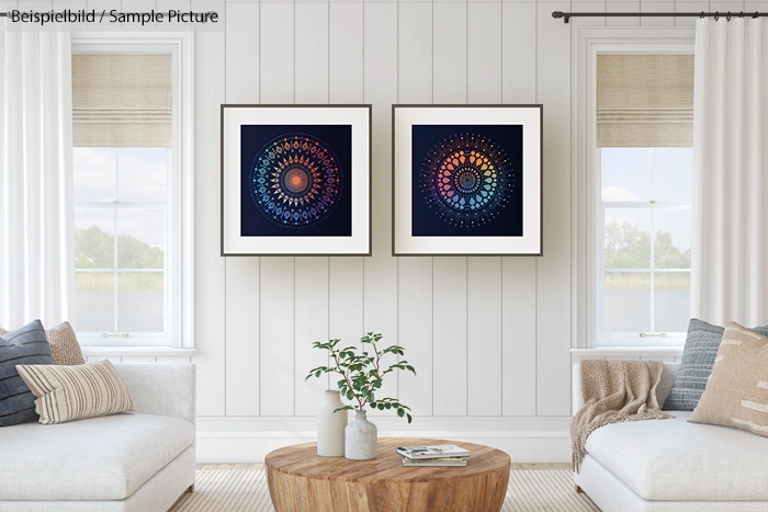 Modern living room with white walls, two colorful mandala artworks, beige sofa, armchair, and wooden coffee table.