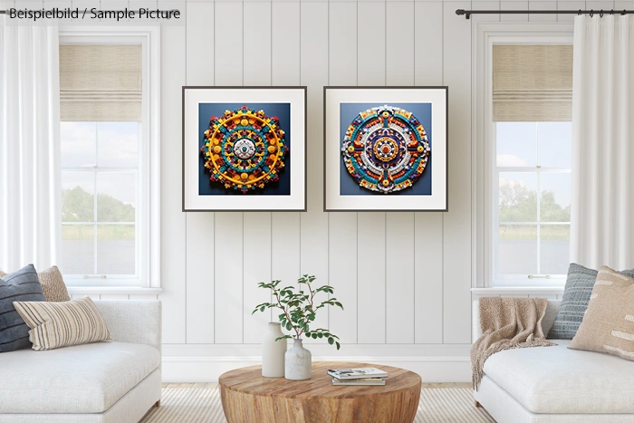 Bright living room with two colorful mandala paintings, beige sofas, wooden table, and potted plant on a round table.