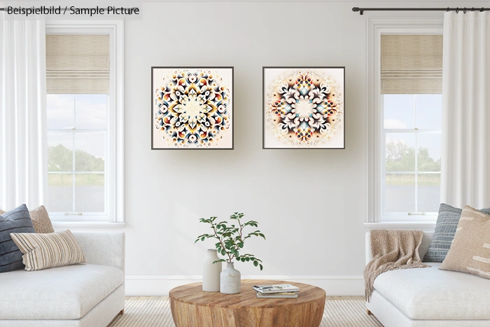 Modern living room with two abstract mandala paintings, neutral decor, natural light, and a central wooden coffee table.