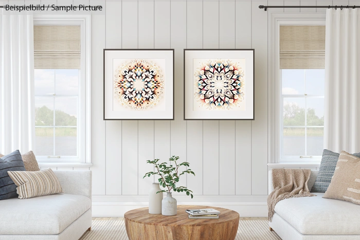 Cozy living room with two abstract mandala paintings, white walls, two sofas, round wooden table, plant decor.