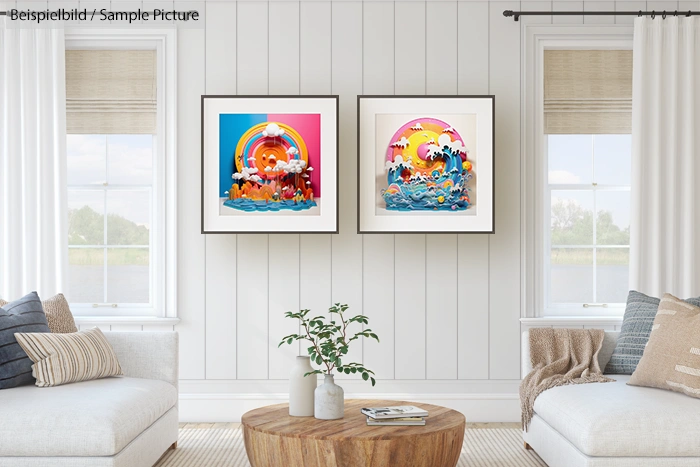 Cozy living room with two colorful framed artworks between windows on a white paneled wall.