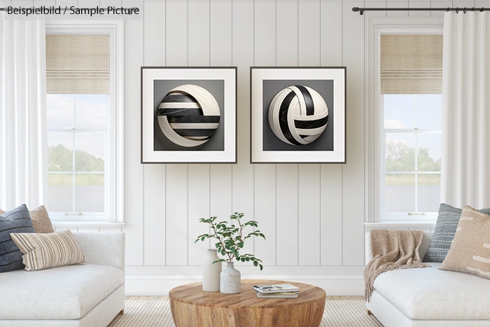 Modern living room with white walls, two framed abstract artworks, and neutral-toned furniture.