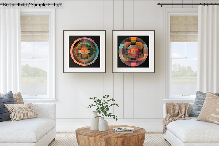 Modern living room with two abstract geometric paintings on the wall, neutral sofas, and a wooden coffee table with a plant.